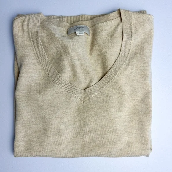 LOFT Outlet Puff Sleeve V-Neck Sweater Oatmeal Heather Knit Top L - Picture 5 of 6